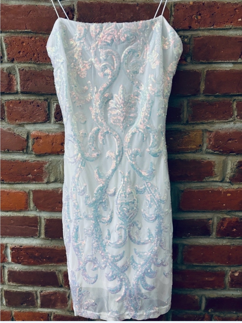 Windsor- Iridescent sequins with damask pattern, white bodycon mini dress